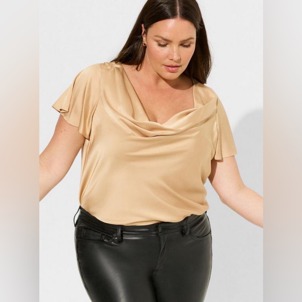 NWT Torrid Satin Cowl Neck Short Sleeve Blouse in Ginger Root Gold Tan